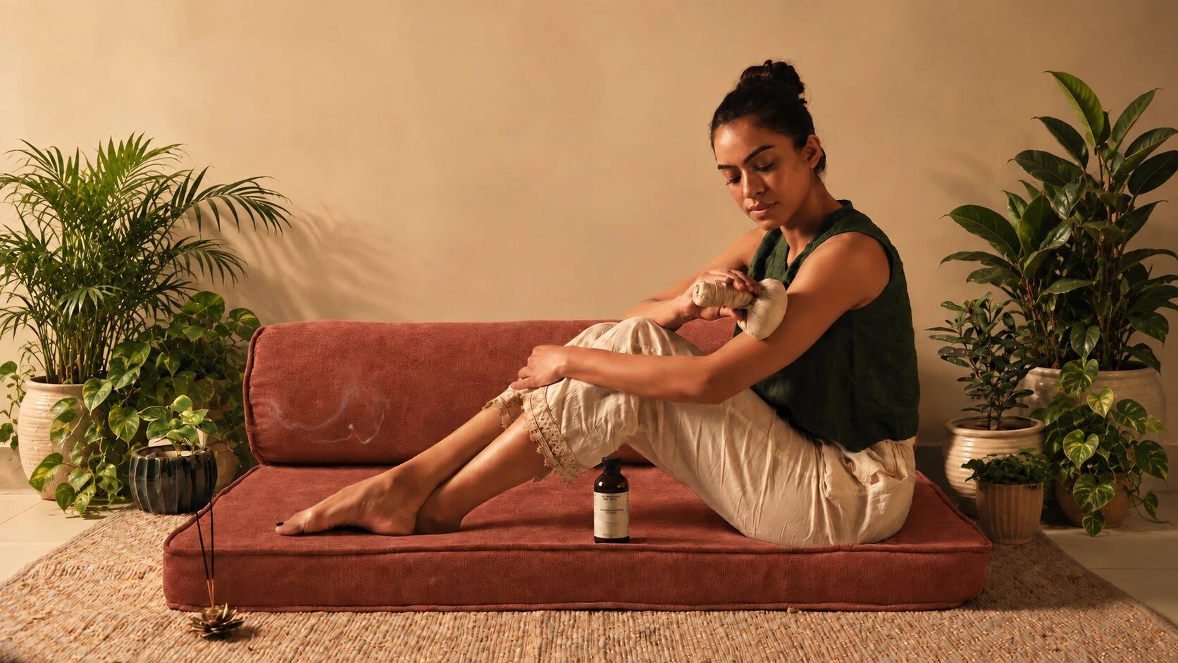 Mujer sentada en un diván bajo color teja entre plantas, masajeándose el brazo con un saquito de hierbas, junto a un aceite Art of Vedas.