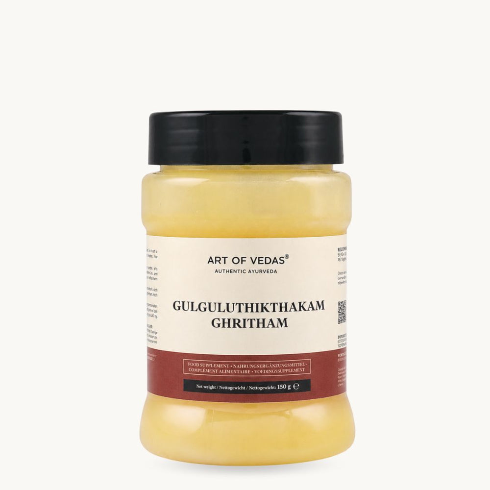 Art of Vedas Gulgulu Thikthakam Ghritham, ghee ayurvédico clásico: Guggulu, cúrcuma, jengibre. Tarro de 150 g