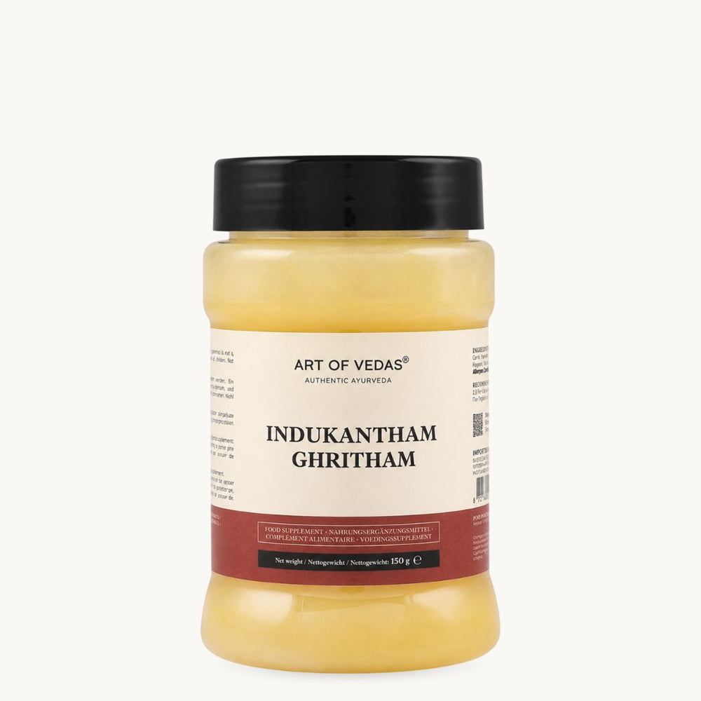 Art of Vedas Indukantham Ghritham, ghee ayurvédico clásico: jengibre, pimienta larga, sal de roca. Tarro de 150 g