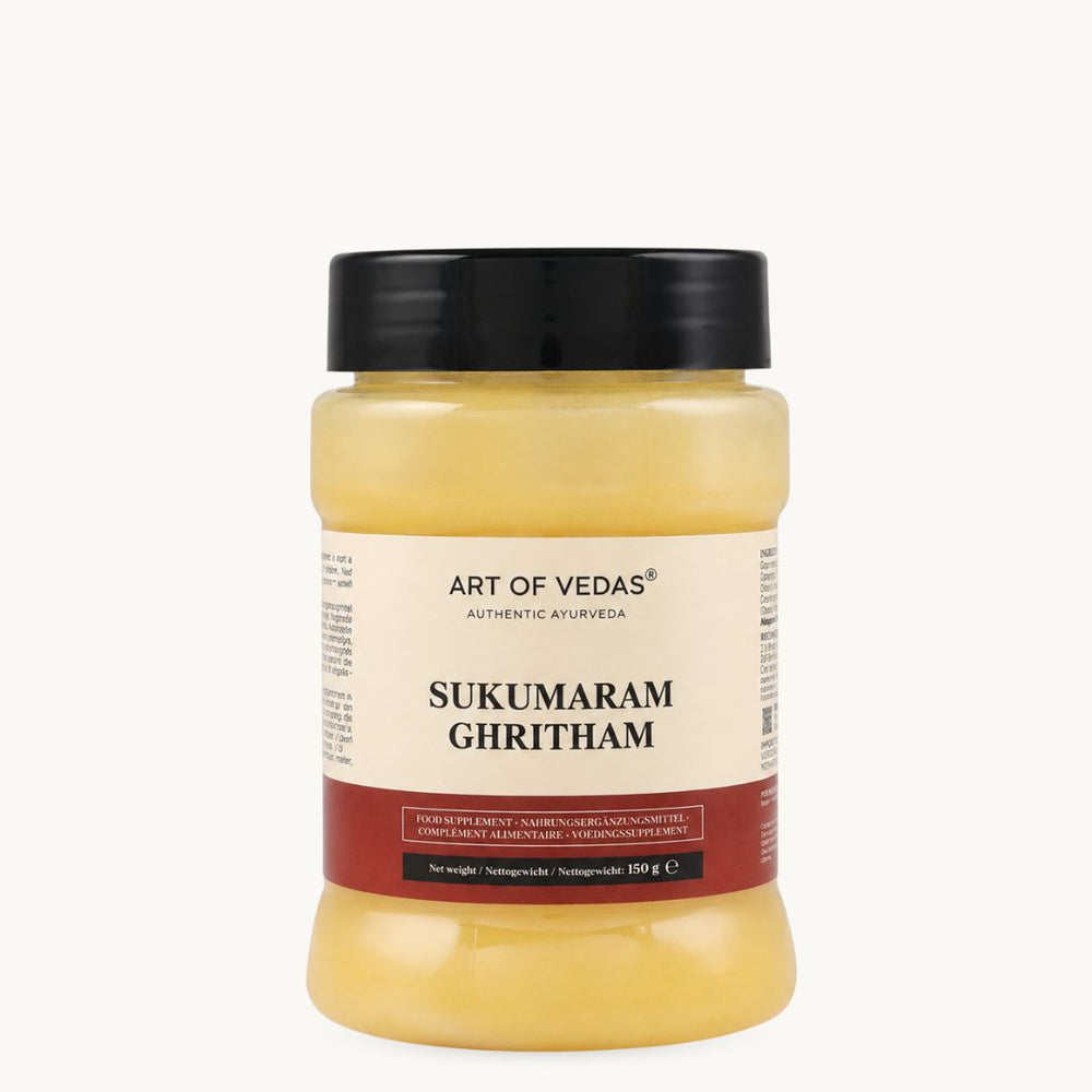 Art of Vedas Sukumaram Ghritham, ghee ayurvédico clásico: Ashwagandha, Shatavari, regaliz. Tarro de 150 g
